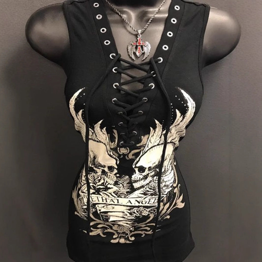 Dame Rockabilly klänning med snörningsdetalj och grafiskt tryck Mirla-Eva Jonsson