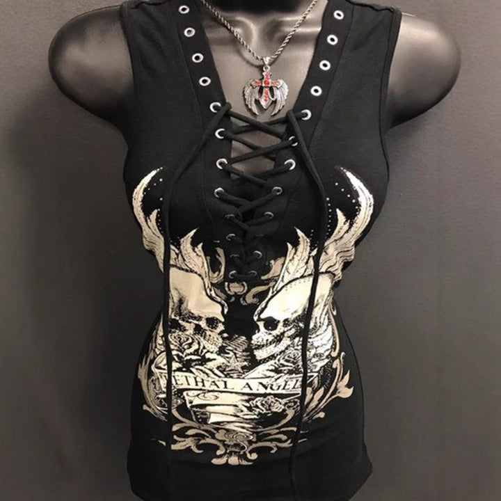 Dame Rockabilly klänning med snörningsdetalj och grafiskt tryck Mirla-Eva Jonsson
