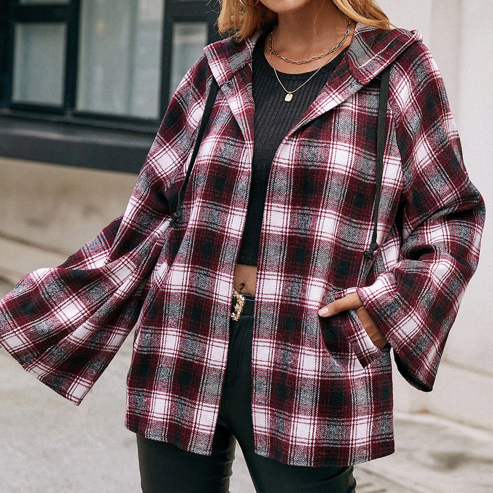 Dame Rutig Overshirtjacka i avslappnad stil med huva och vida ärmar Eva Jonsson-Eva Jonsson