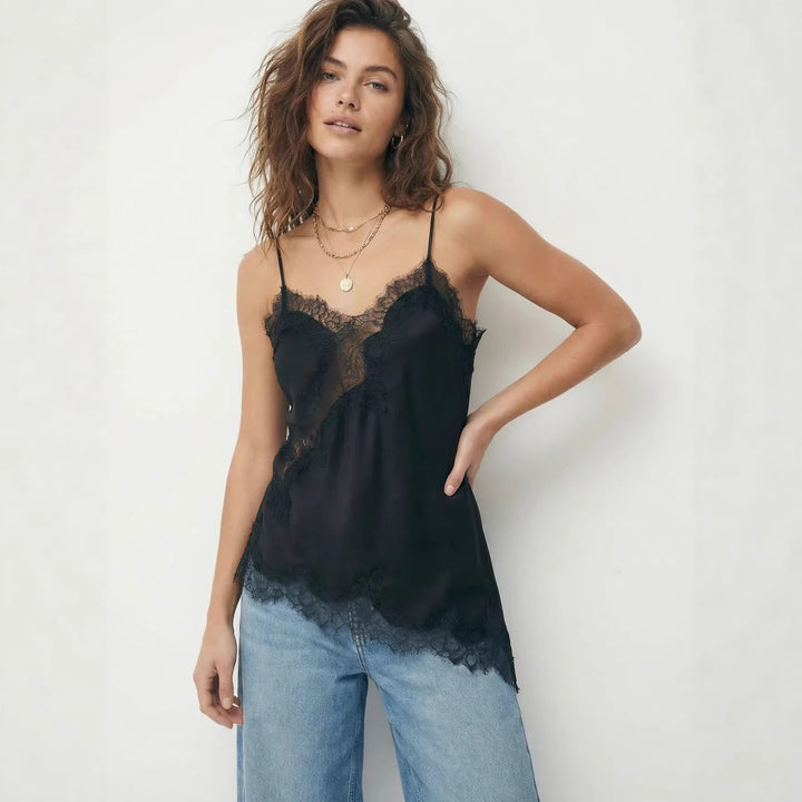 Dame Satin Top med elegant spets och spaghettiband Mirla-Eva Jonsson