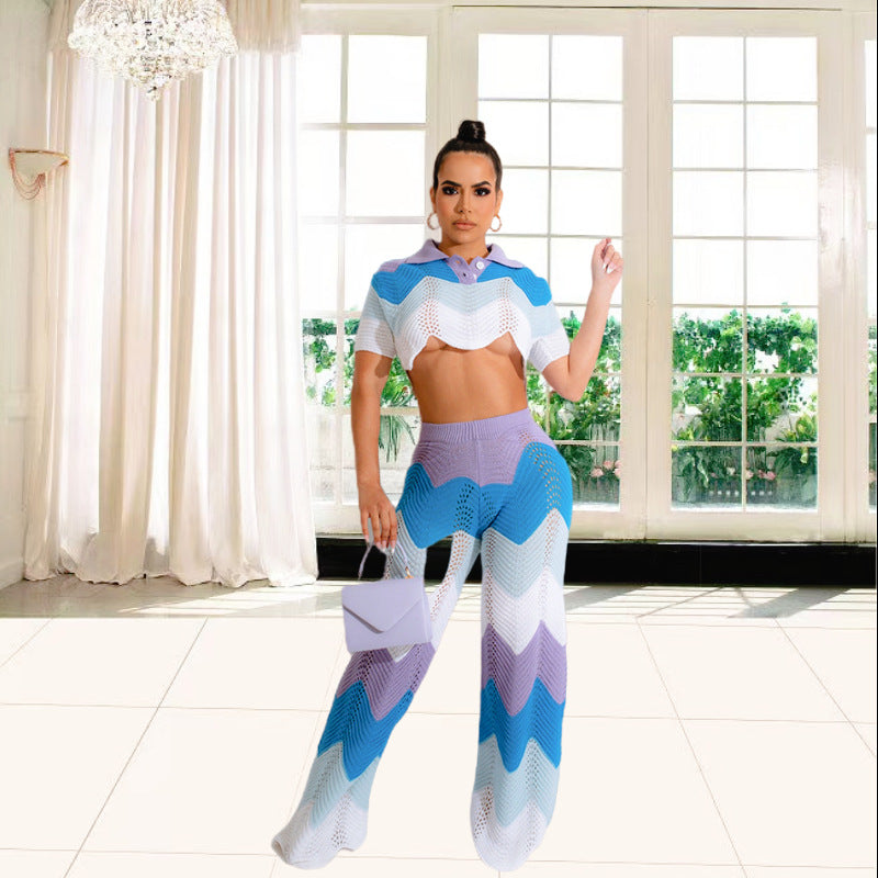 Dame Set av virkad Crop-Top och vida Palazzo-byxor Mirla-Eva Jonsson