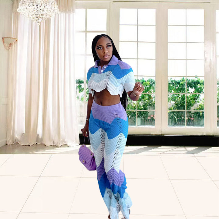 Dame Set av virkad Crop-Top och vida Palazzo-byxor Mirla-Eva Jonsson