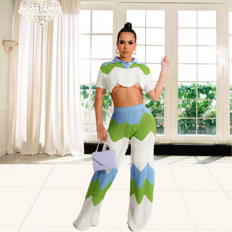 Dame Set av virkad Crop-Top och vida Palazzo-byxor Mirla-Eva Jonsson