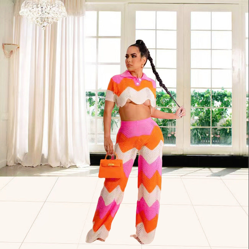 Dame Set av virkad Crop-Top och vida Palazzo-byxor Mirla-Eva Jonsson
