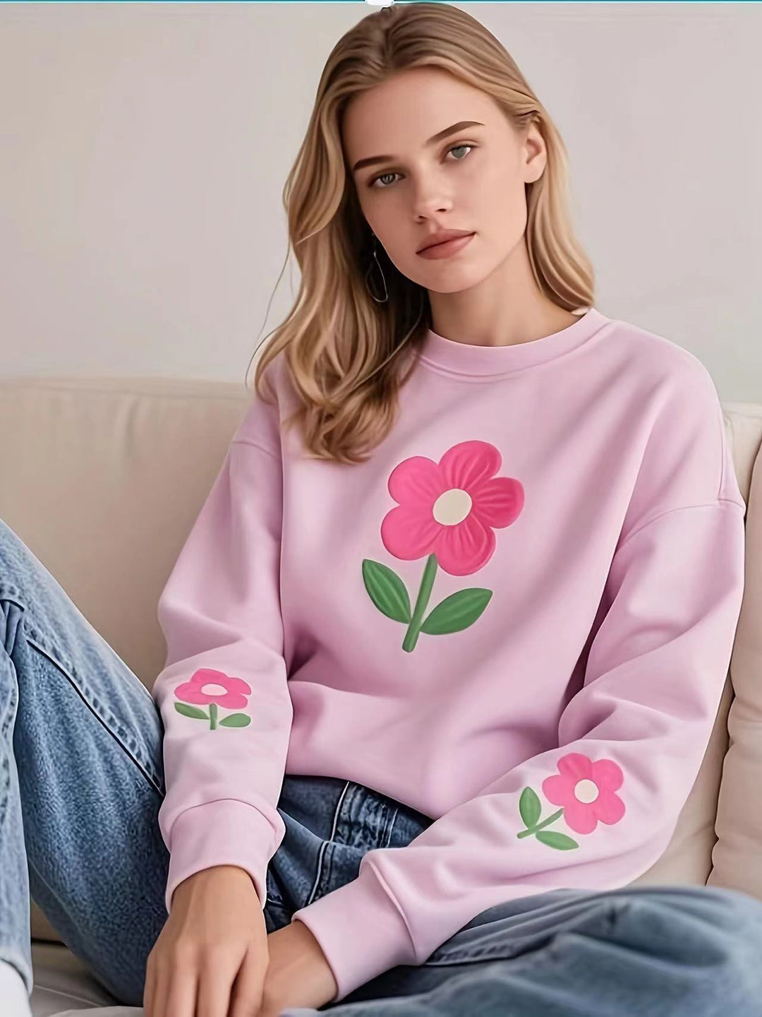 Dame Sweatshirt med färgglad blommotiv Mirla-Eva Jonsson