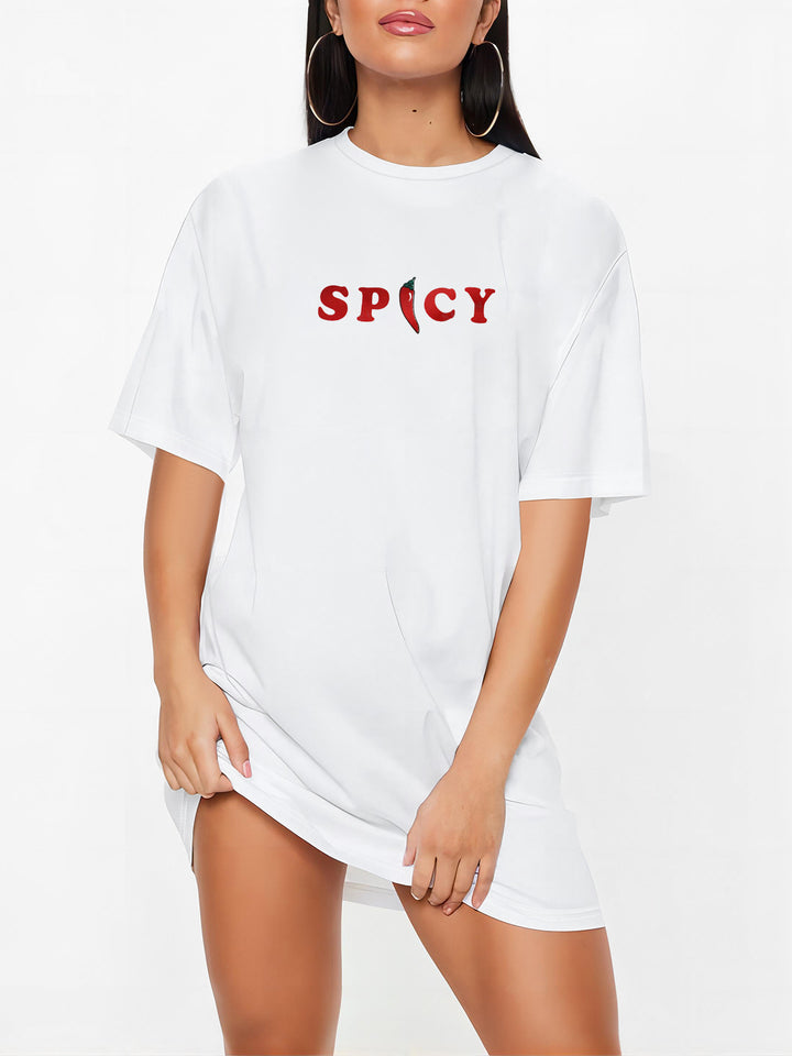 Dame T-shirt klänning med konstnärligt blommotiv och figurnära passform Mirla-Eva Jonsson