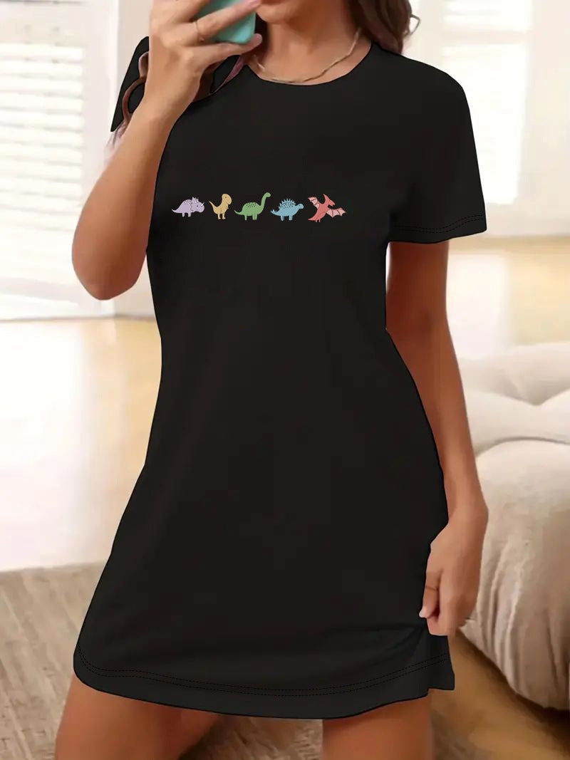 Dame T-shirt klänning med konstnärligt blommotiv och figurnära passform Mirla-Eva Jonsson