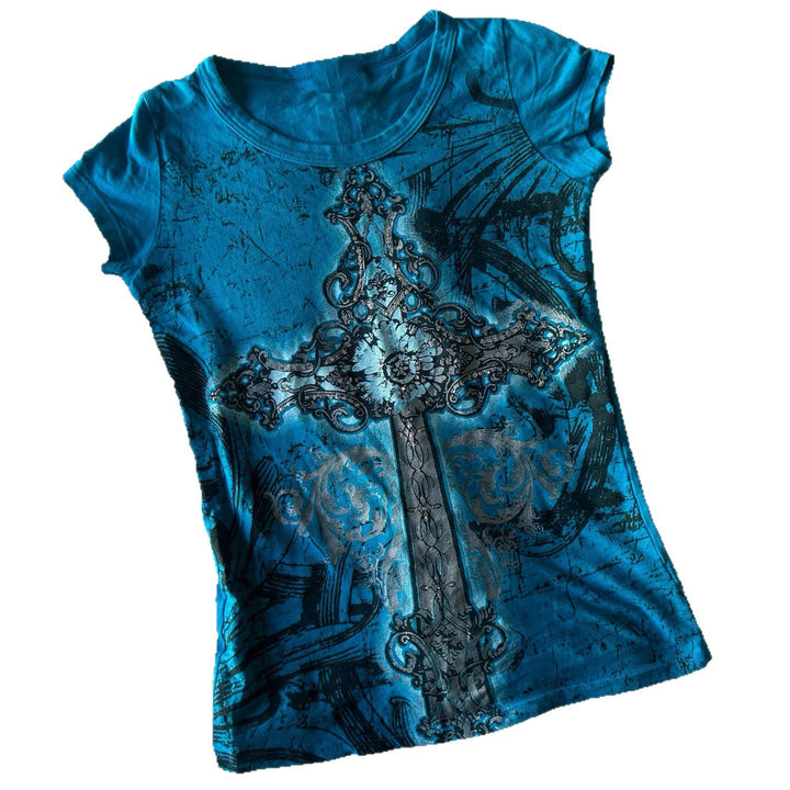 Dame T-shirt med grafisk korstryck och glänsande detaljer Mirla-Eva Jonsson