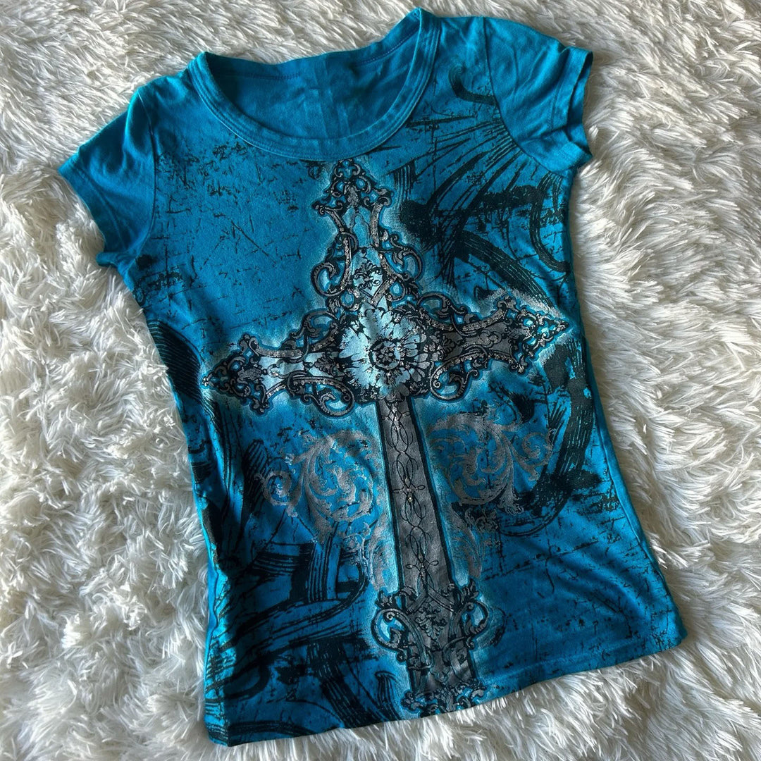 Dame T-shirt med grafisk korstryck och glänsande detaljer Mirla-Eva Jonsson