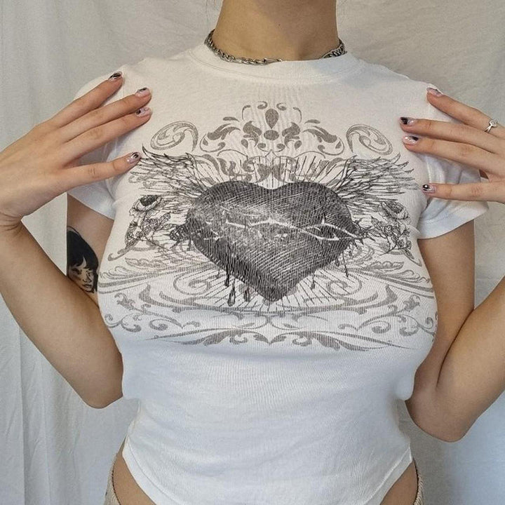 Dame T-shirt med konstfullt hjärt-design Eva Jonsson-Eva Jonsson