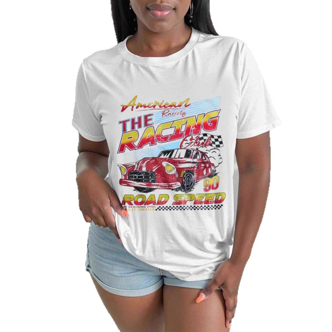 Dame T-shirt med konstnärligt retro racingmotiv och bekväm passform Mirla-Eva Jonsson