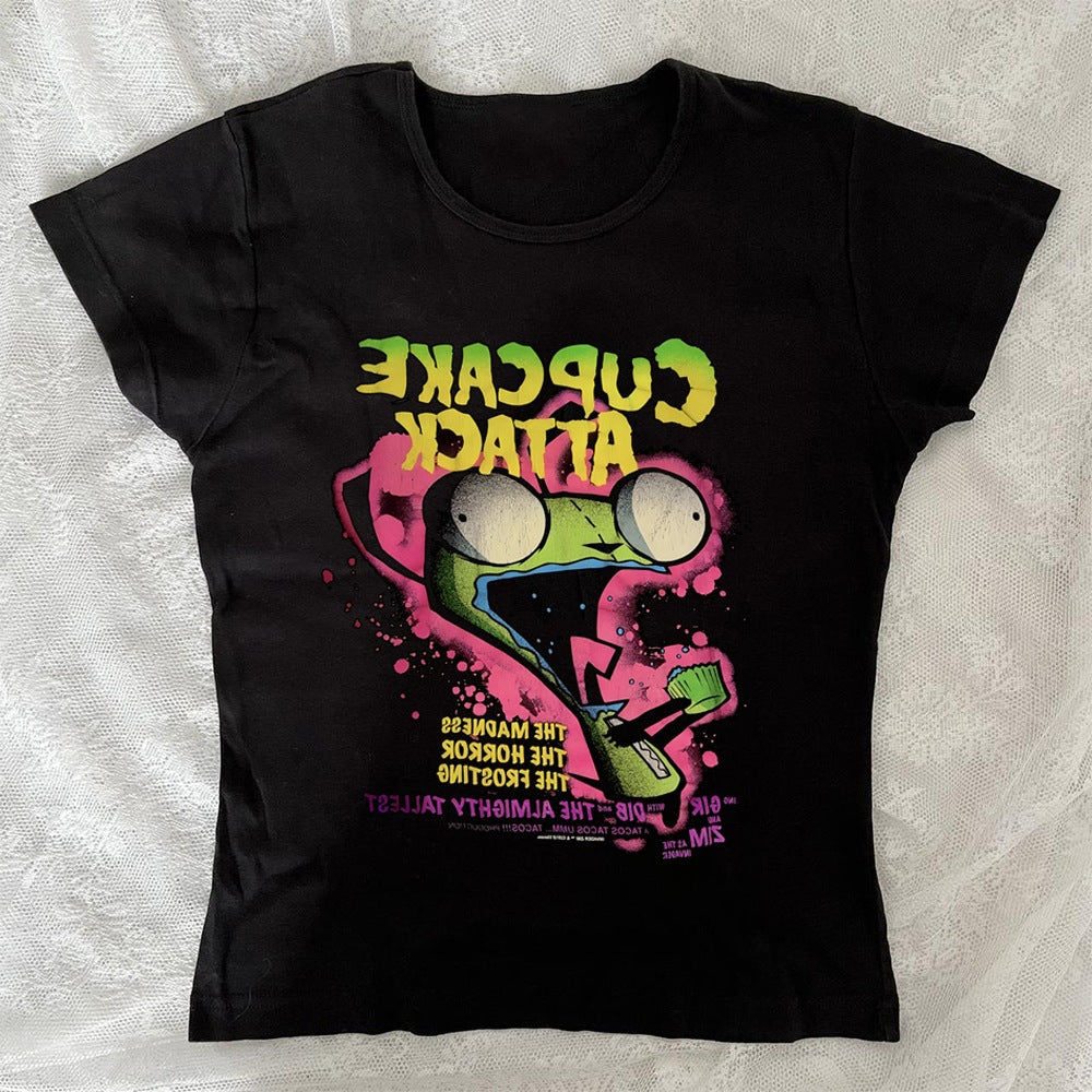 Dame T-shirt med kreativ cupcake-motiv och modern tryck Mirla-Eva Jonsson
