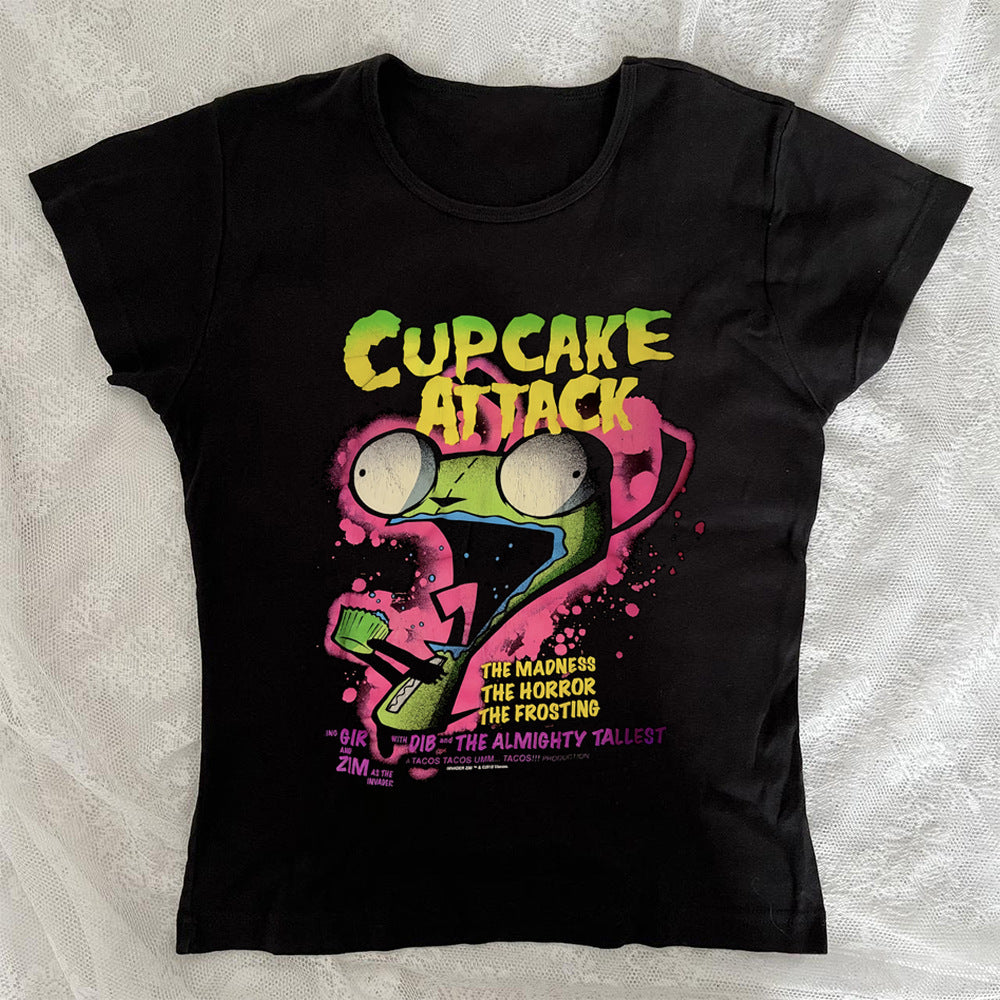 Dame T-shirt med kreativ cupcake-motiv och modern tryck Mirla-Eva Jonsson