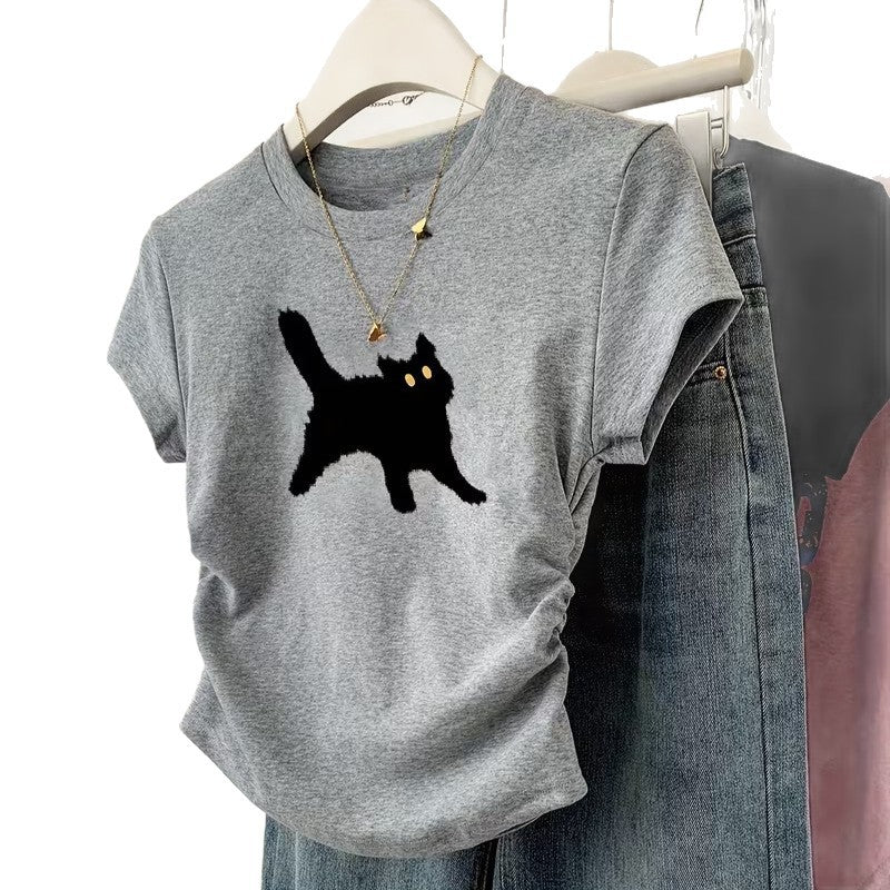 Dame T-shirt med kreativ kattmotiv och avslappnad passform Mirla-Eva Jonsson