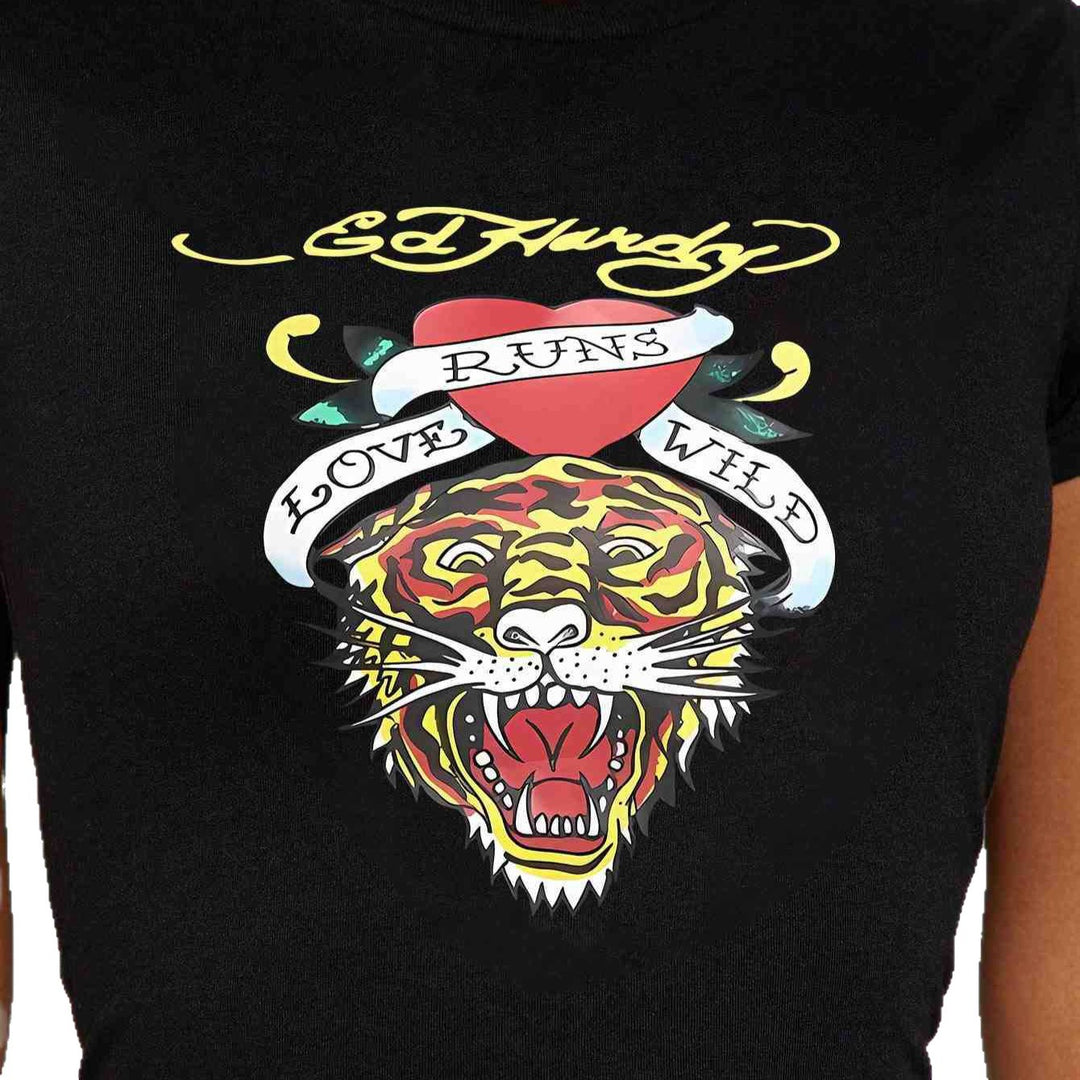 Dame T-shirt med kreativ tigerdesign och inspirerande text Mirla-Eva Jonsson