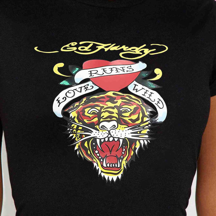 Dame T-shirt med kreativ tigerdesign och inspirerande text Mirla-Eva Jonsson