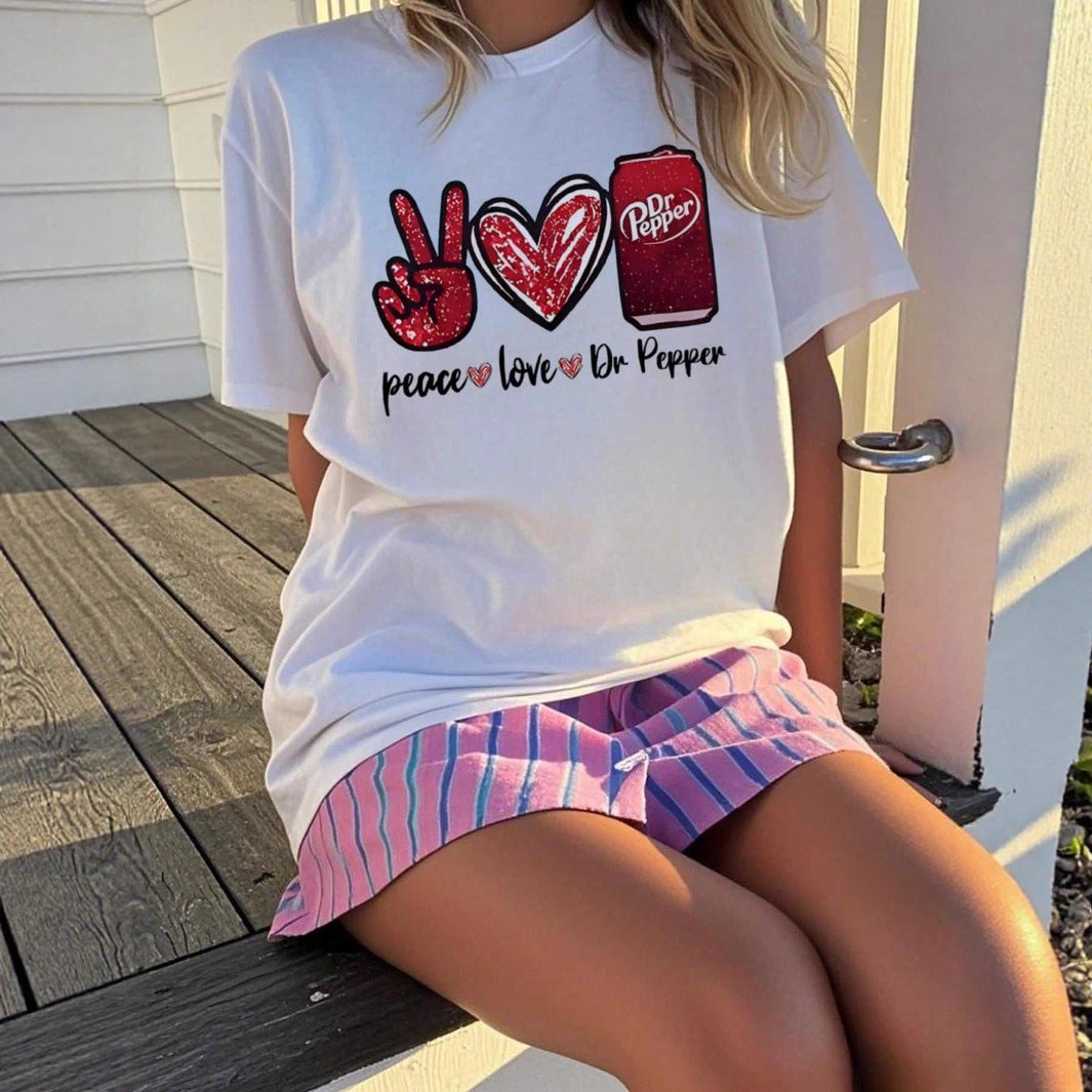 Dame T-shirt med kreativt Peace & Love grafisk design Mirla-Eva Jonsson