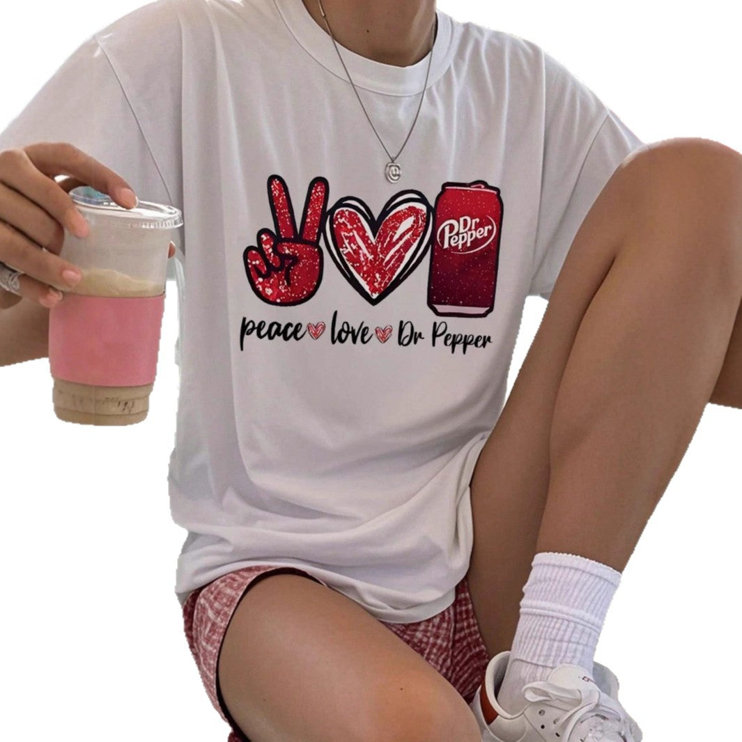 Dame T-shirt med kreativt Peace & Love grafisk design Mirla-Eva Jonsson