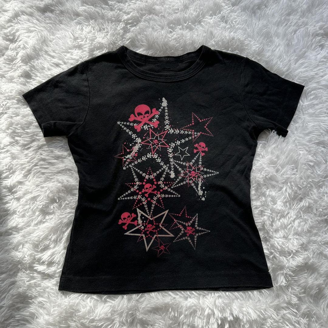 Dame T-shirt med kreativt skull-design och iögonfallande stjärntryck Mirla-Eva Jonsson