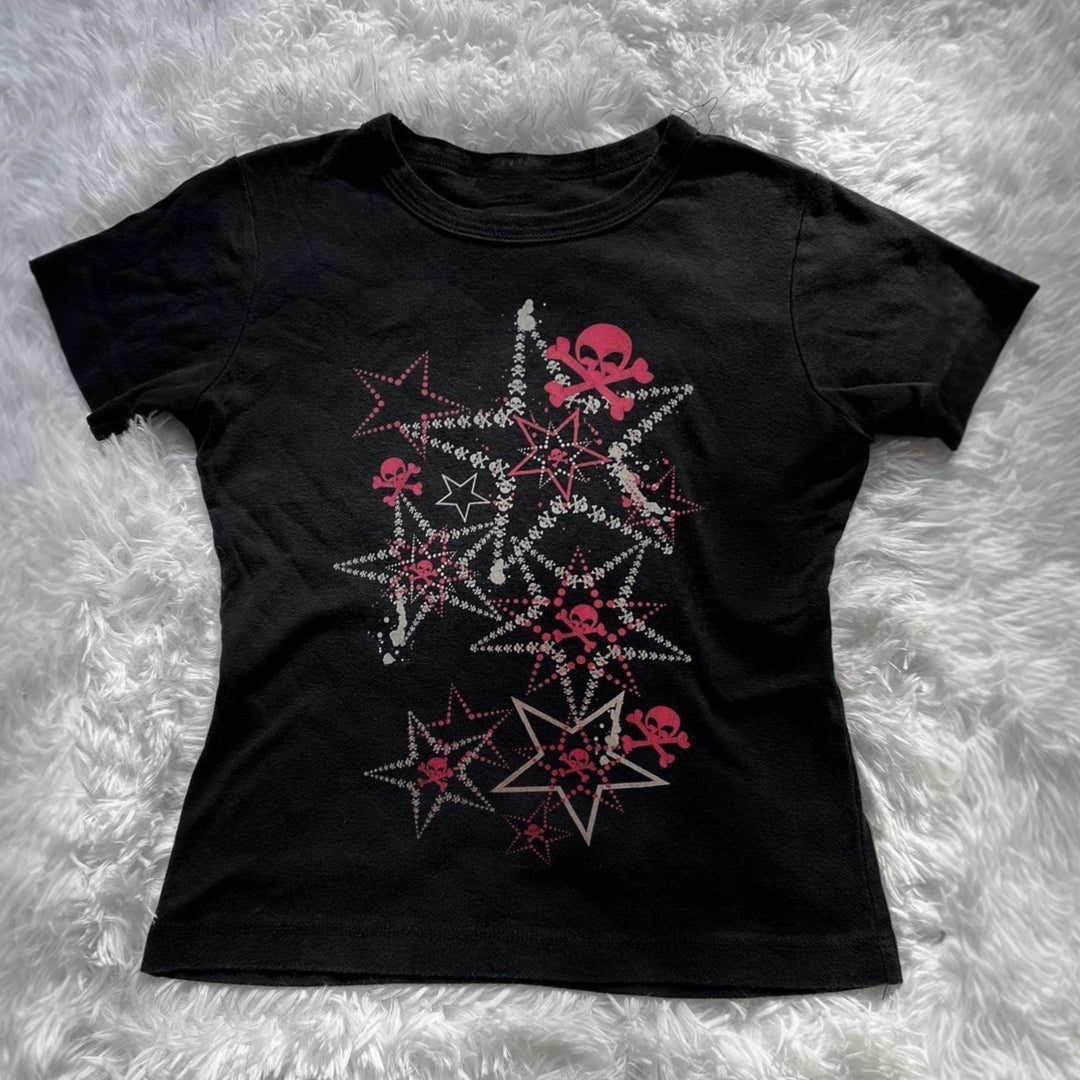 Dame T-shirt med kreativt skull-design och iögonfallande stjärntryck Mirla-Eva Jonsson