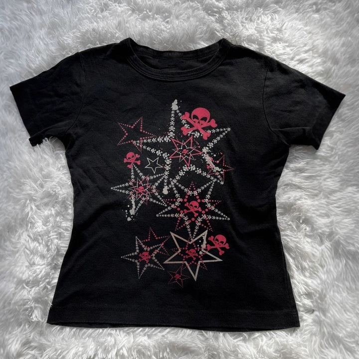 Dame T-shirt med kreativt skull-design och iögonfallande stjärntryck Mirla-Eva Jonsson