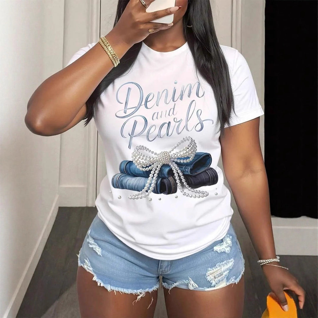 Dame T-shirt med kreativt tryck och eleganta pärlaccenter Mirla-Eva Jonsson