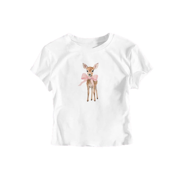 Dame T-shirt med sött rådjurmotiv och färgglad tryck Mirla-Eva Jonsson