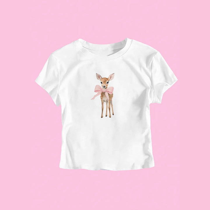 Dame T-shirt med sött rådjurmotiv och färgglad tryck Mirla-Eva Jonsson