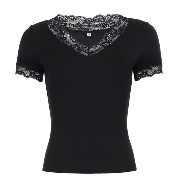 Dame T-shirt med spetsdetalj och V-utsnitt Mirla-Eva Jonsson