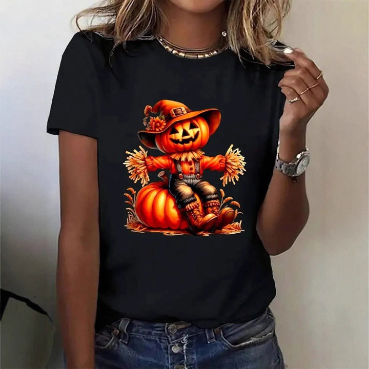 Dame T-shirt med stiligt pumpamotiv och spännande djurtryck Mirla-Eva Jonsson
