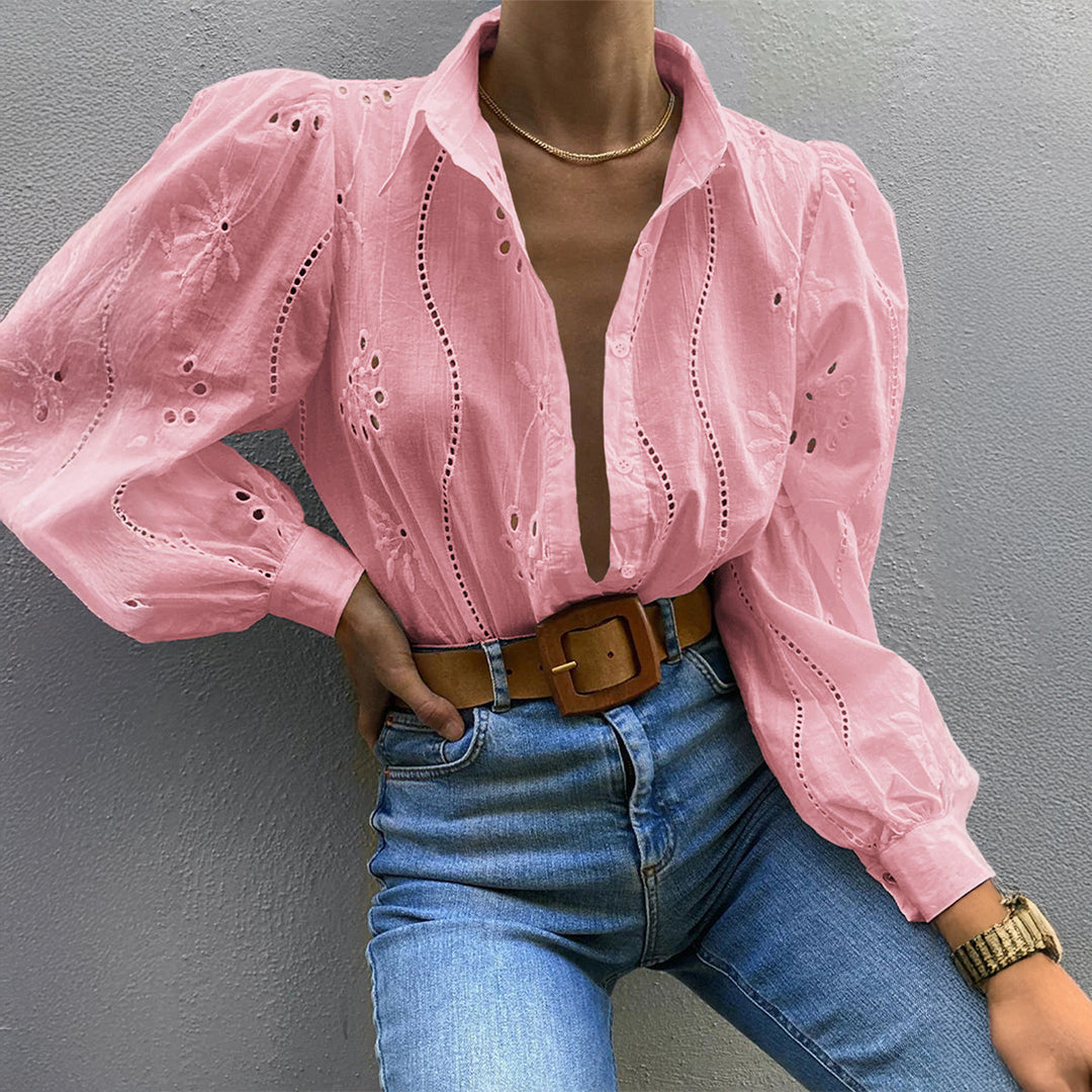 Dame Transparent Bluse med broderier og ruffledetaljer Mirla-Eva Jonsson