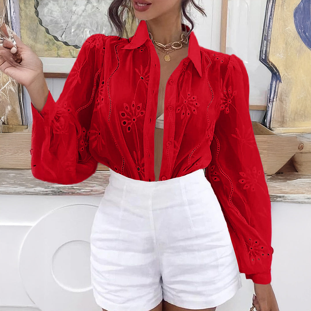 Dame Transparent Bluse med broderier og ruffledetaljer Mirla-Eva Jonsson
