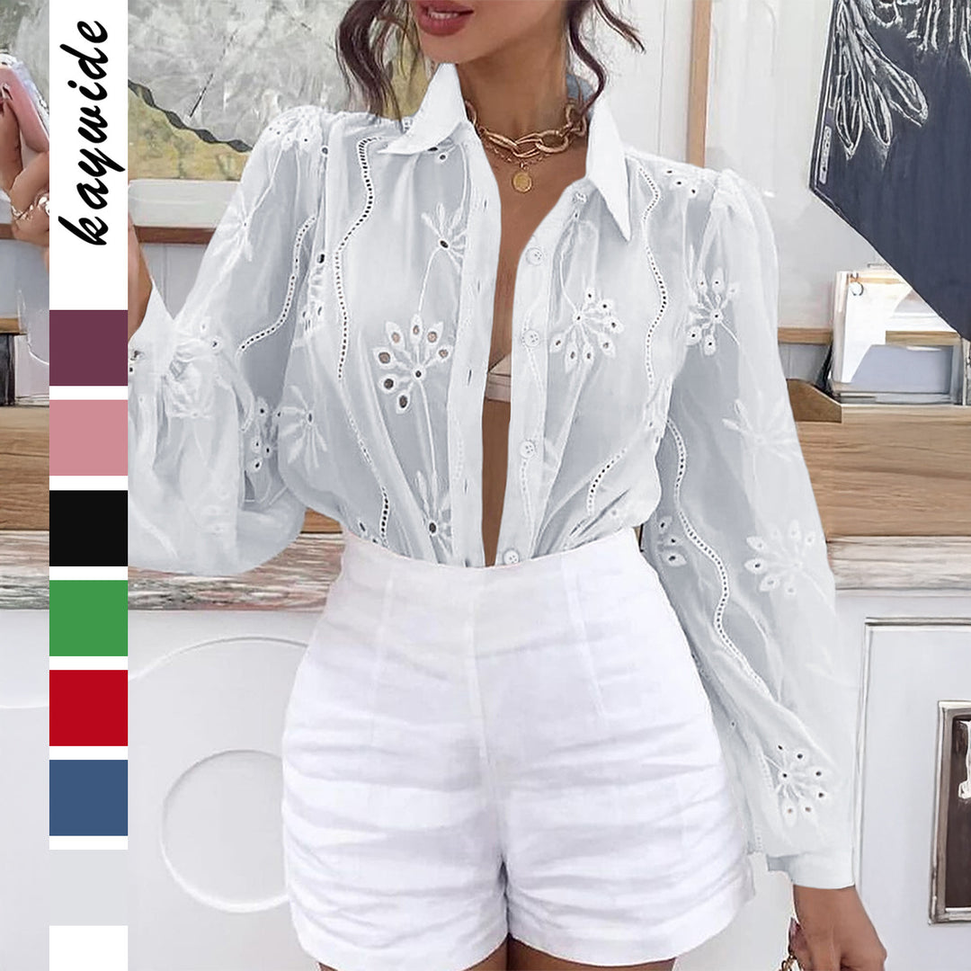 Dame Transparent Bluse med broderier og ruffledetaljer Mirla-Eva Jonsson