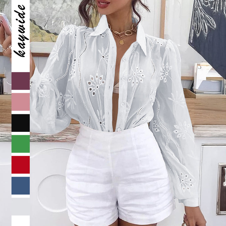 Dame Transparent Bluse med broderier og ruffledetaljer Mirla-Eva Jonsson