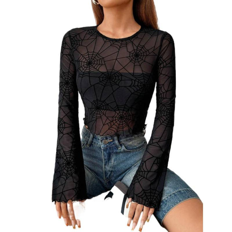 Dame Transparent Långärmad Blus med Spindelmönster Mirla-Eva Jonsson