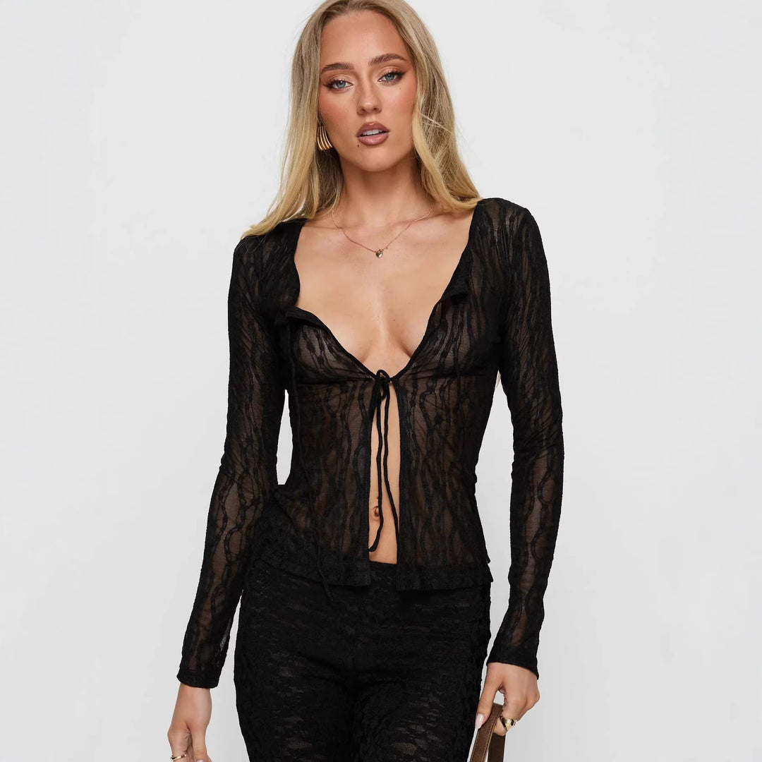 Dame Transparent Spets Blus med djup V-hals och band Mirla-Eva Jonsson