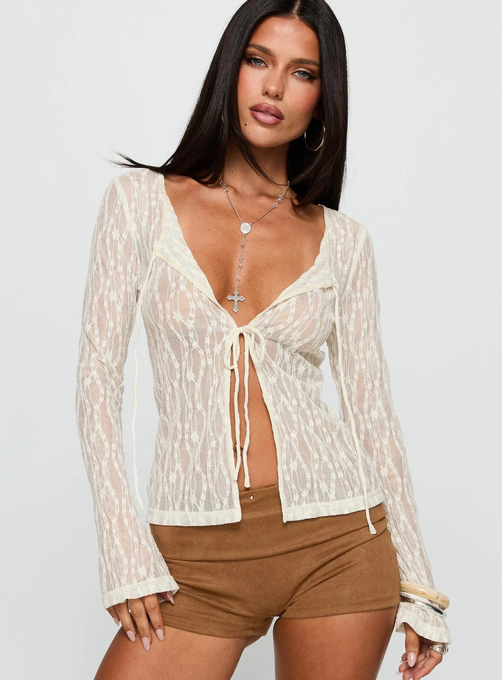 Dame Transparent Spets Blus med djup V-hals och band Mirla-Eva Jonsson