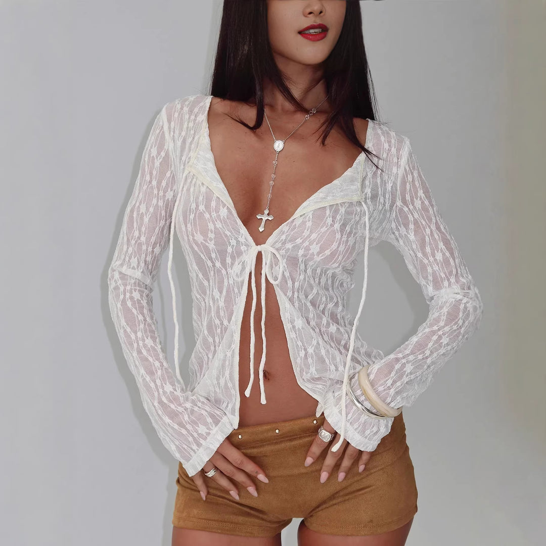 Dame Transparent Spets Blus med djup V-hals och band Mirla-Eva Jonsson