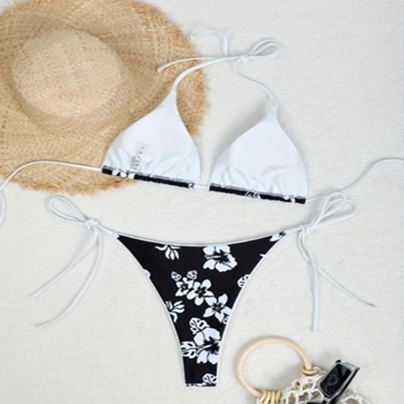 Dame Triangel-Bikini med blommönster och elastiska bindningsband Mirla-Eva Jonsson
