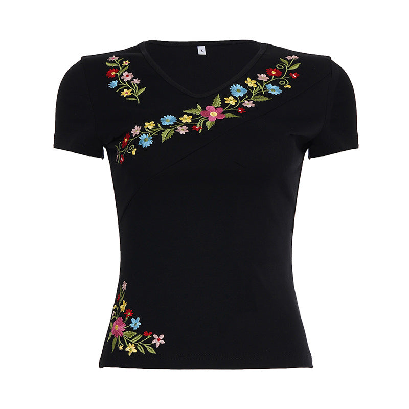 Dame V-hals T-shirt med blomsterbroderi och figurnära snitt Mirla-Eva Jonsson