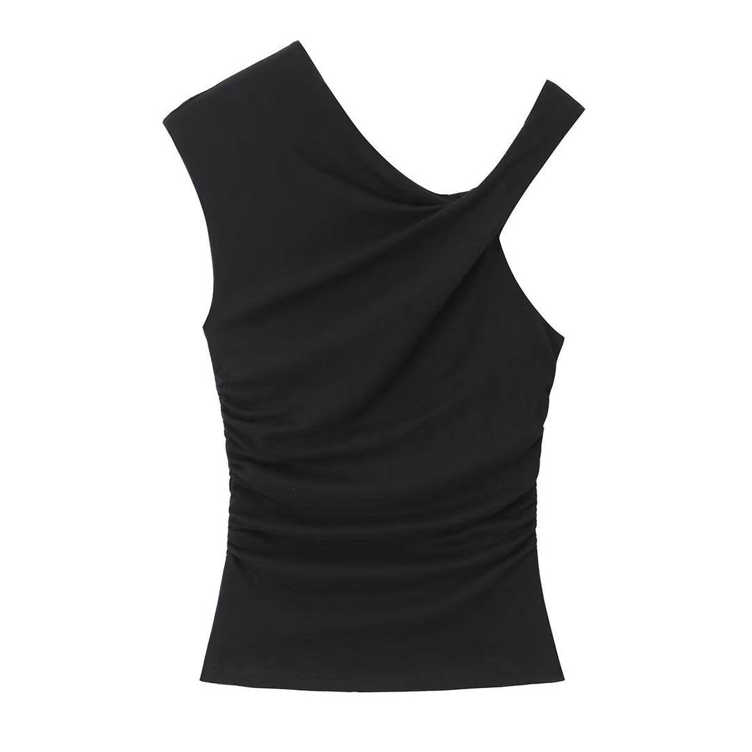Dame ärmlös topp med asymmetrisk skärning och elegant drapering Mirla-Eva Jonsson