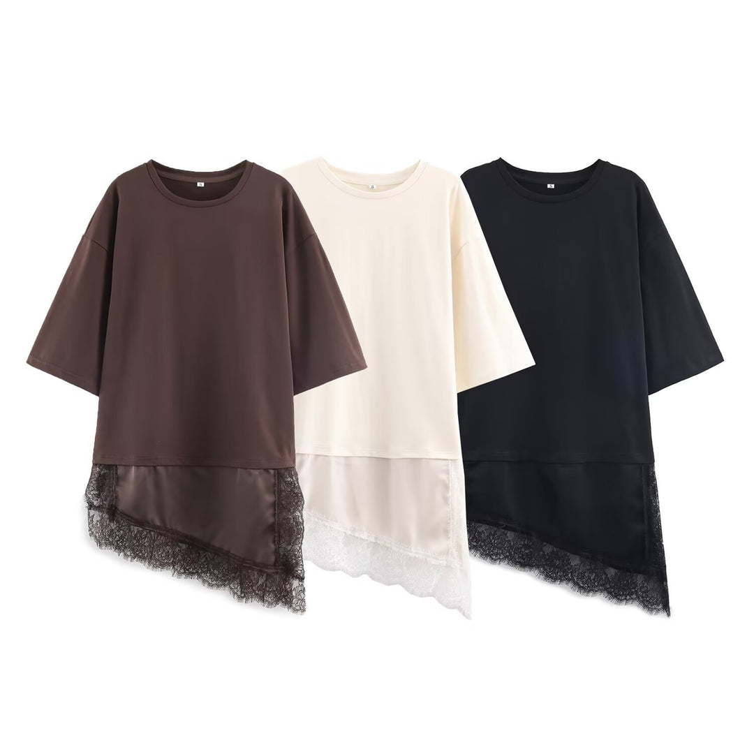 Dame asymmetrisk T-shirt med spetsdetalj Mirla-Eva Jonsson