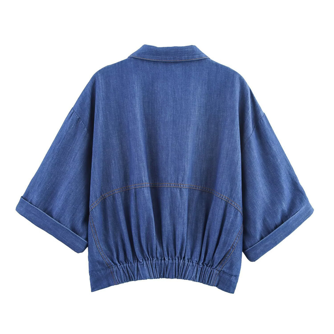 Dame avslappnad denim-set med crop-blus och elastiska byxor Mirla-Eva Jonsson