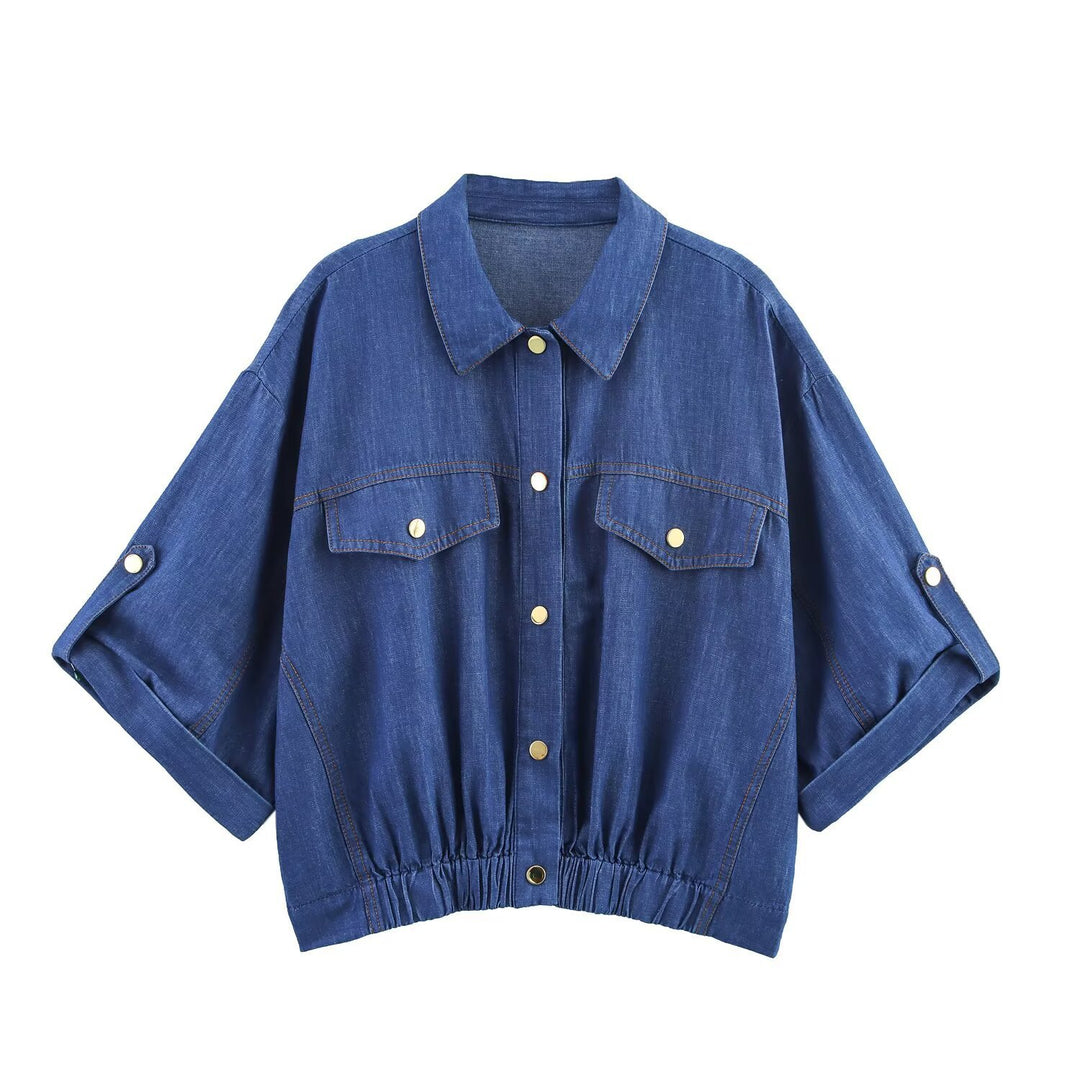 Dame avslappnad denim-set med crop-blus och elastiska byxor Mirla-Eva Jonsson