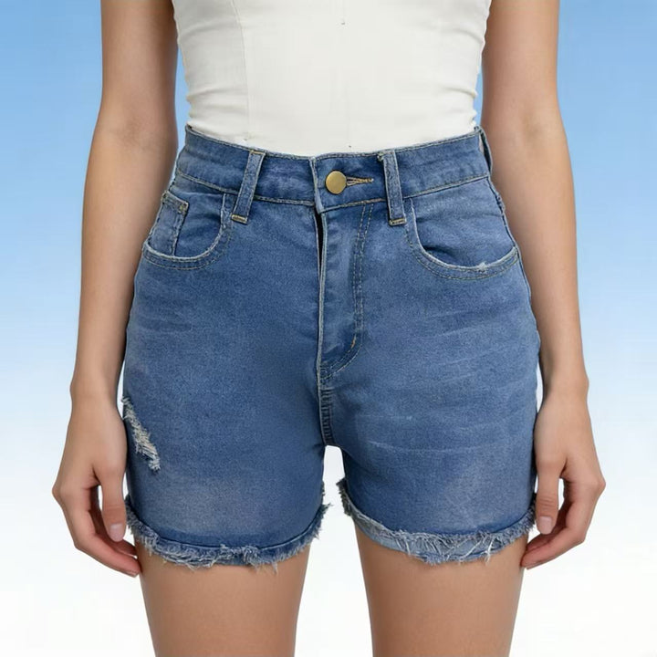 Dame avslappnade högmidjade denimshorts med fransar och trendiga förstörda detaljer Mirla-Eva Jonsson
