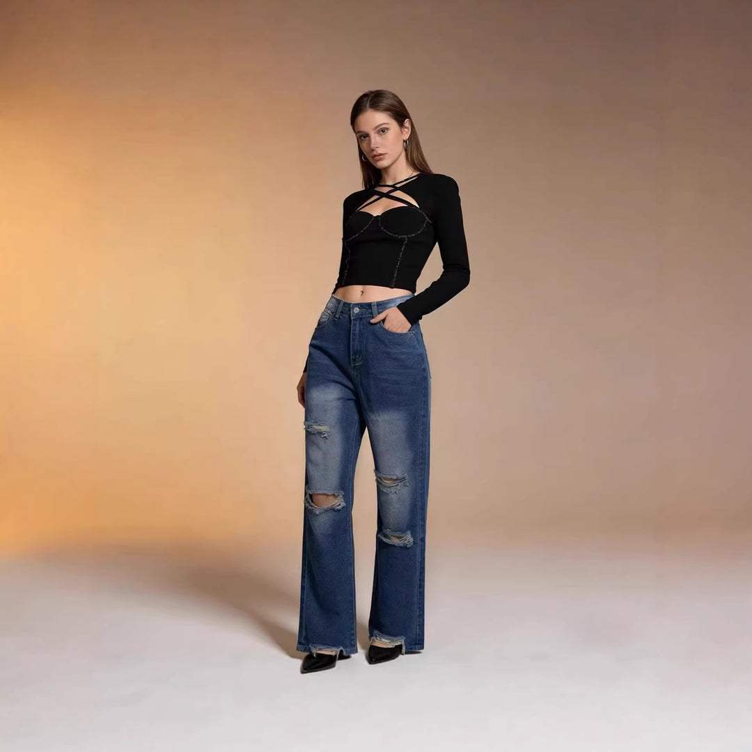 Dame baggy jeans med stiliga destroyed-detaljer och bekväm passform Mirla-Eva Jonsson
