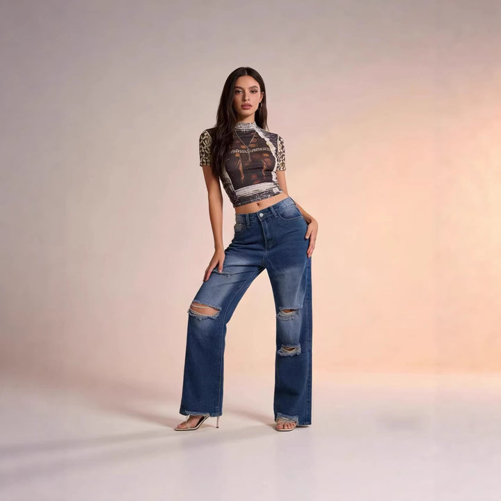 Dame baggy jeans med stiliga destroyed-detaljer och bekväm passform Mirla-Eva Jonsson