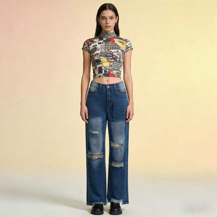 Dame baggy jeans med stiliga destroyed-detaljer och bekväm passform Mirla-Eva Jonsson