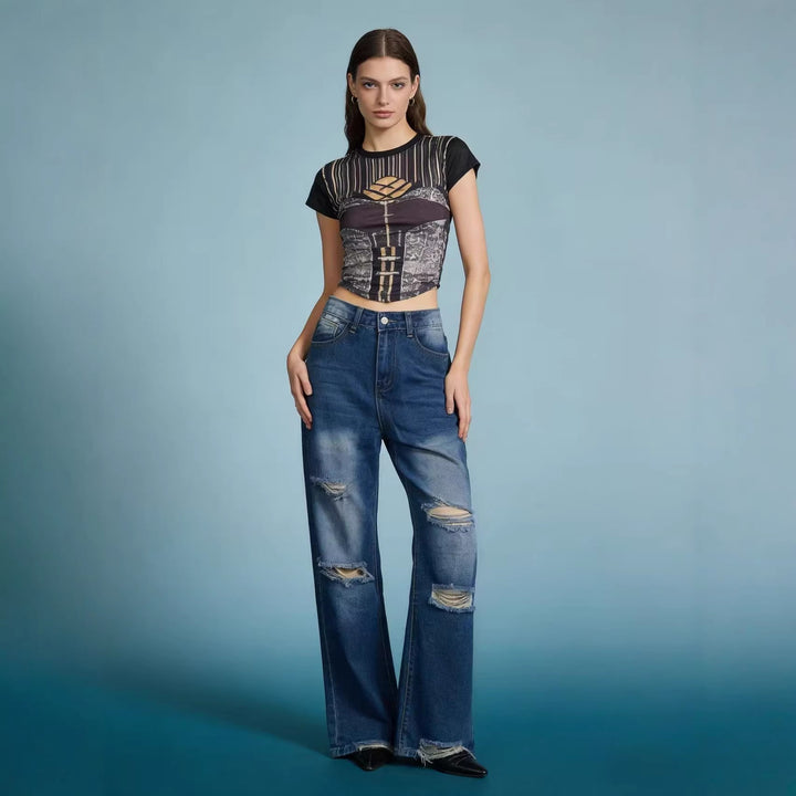 Dame baggy jeans med stiliga destroyed-detaljer och bekväm passform Mirla-Eva Jonsson