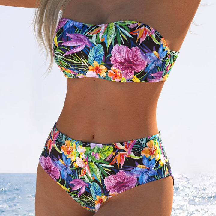 Dame bandeau bikini med hög midja och färgglad tropisk design Mirla-Eva Jonsson